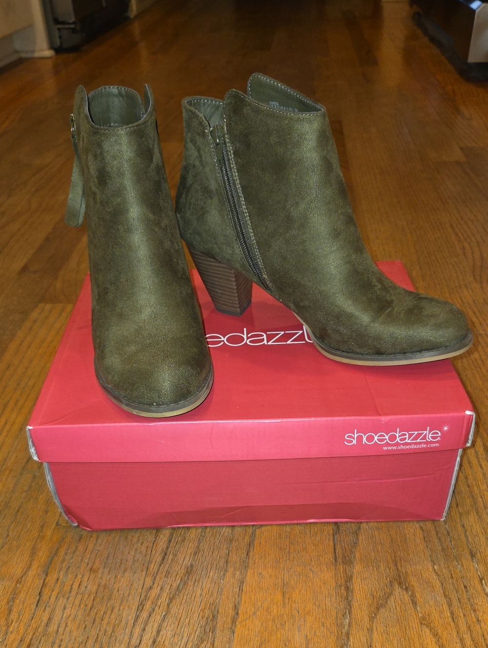 Shoe Dazzle Olive Suede Ankle Booties with Block Heel